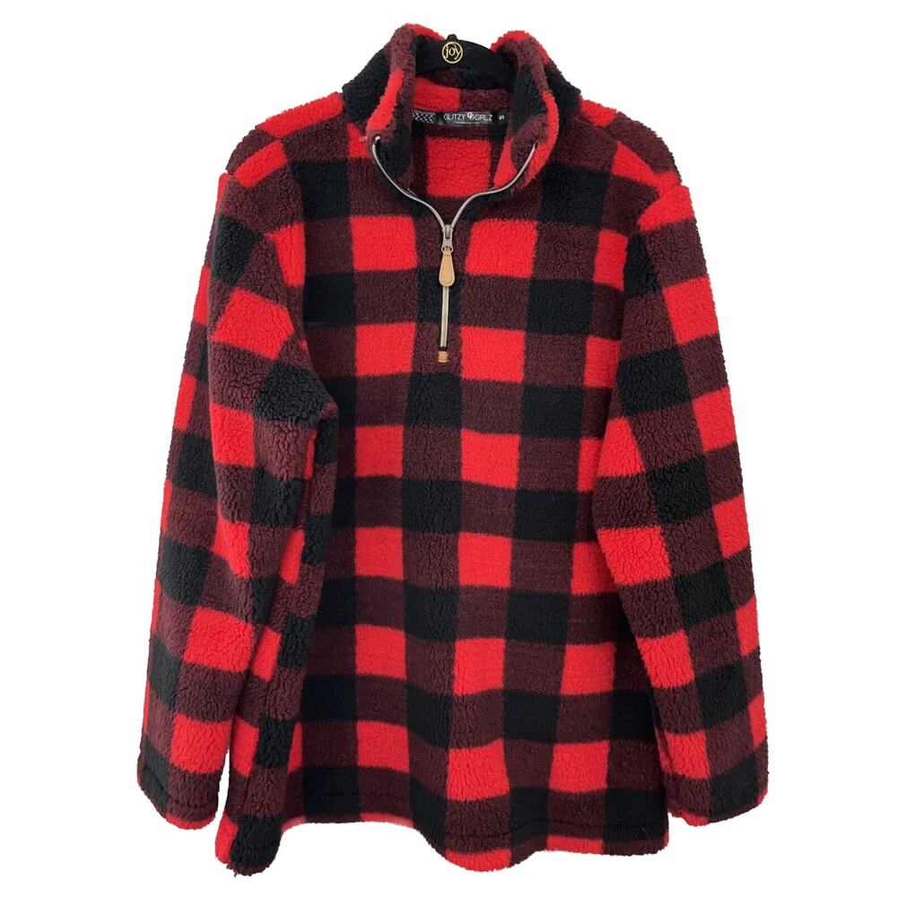 Glitzy Girlz Boutique Buffalo Plaid Oversized Fleece Zip Up Jacket Size Small